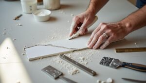 Traitement d’une fissure au plafond en plâtre avec mastic