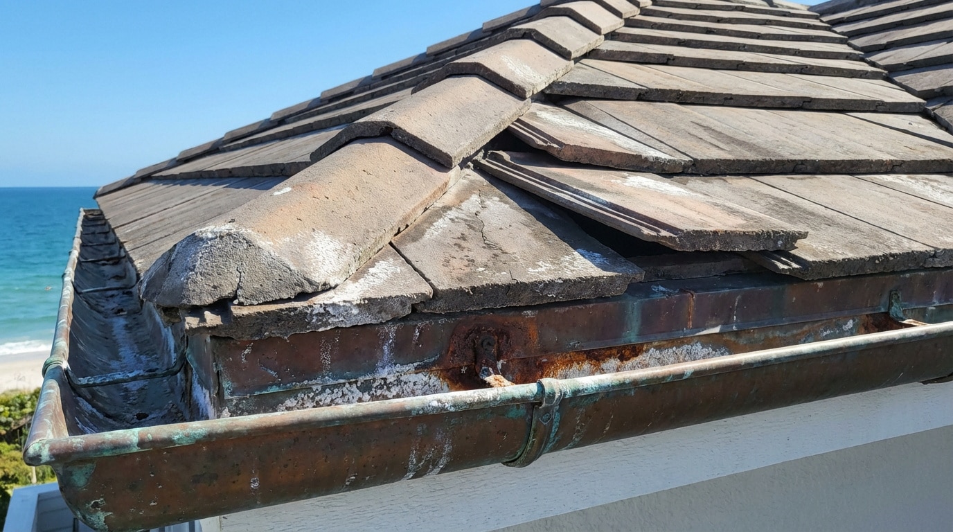 D&eacute;g&acirc;ts sur une toiture en bord de mer caus&eacute;s par le climat marin